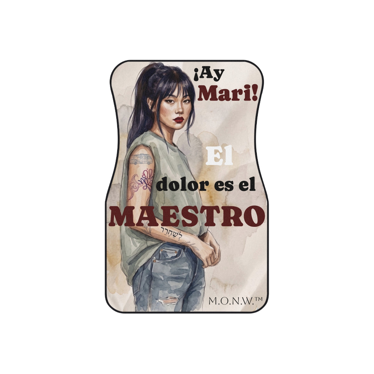 Car Mats Set of 4 – Spanish Humor “El Dolor Es el Maestro” Tattooed Woman Design